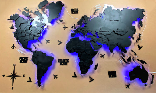 Багатошарова карта світу на акрилі з підсвіткою RGB колір Nero