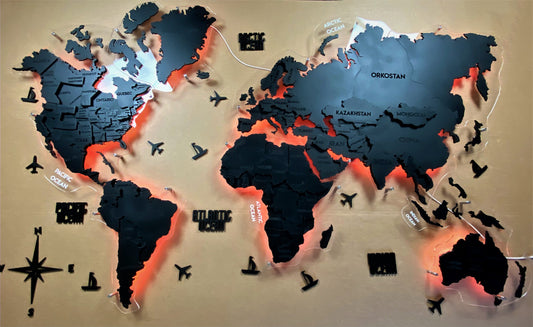 Багатошарова карта світу на акрилі з підсвіткою RGB колір Nero