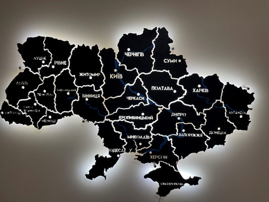 Карта України з фарбованими річками та підсвіткою між областями колір Black