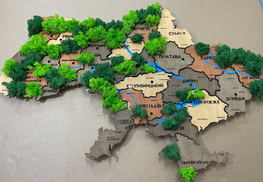 Карта України з фарбованими річками, мохом та підсвіткою між областями колір Warm