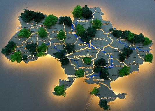 Карта України з фарбованими річками, мохом та підсвіткою між областями колір Oak