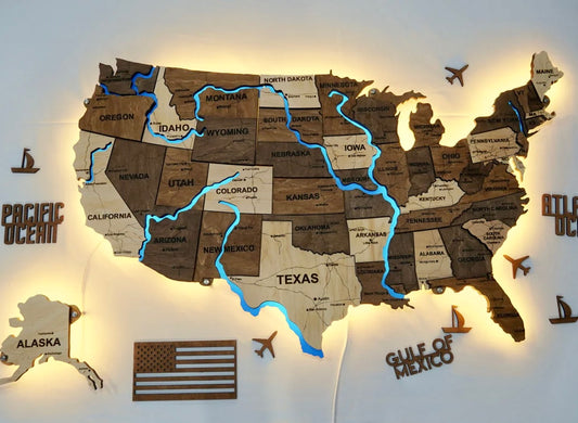 Карта США на акрилі, з дорогами та підсвіткою річок та по контуру, колір Wander