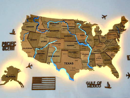 Карта США на акрилі, з дорогами та підсвіткою річок та по контуру, колір Light tree