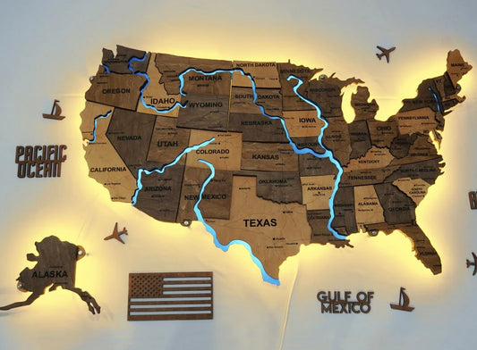 Карта США на акрилі, з дорогами та підсвіткою річок та по контуру, колір Elis