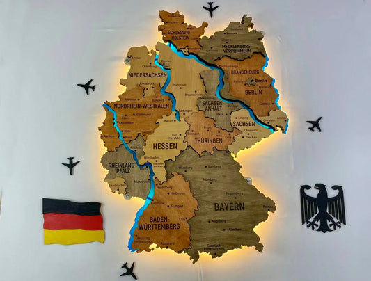 Багатошарова карта Німеччини з підсвіткою річок колір Warm