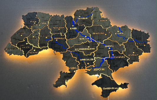Карта України з фарбованими річками та підсвіткою між областями колір Helsinki