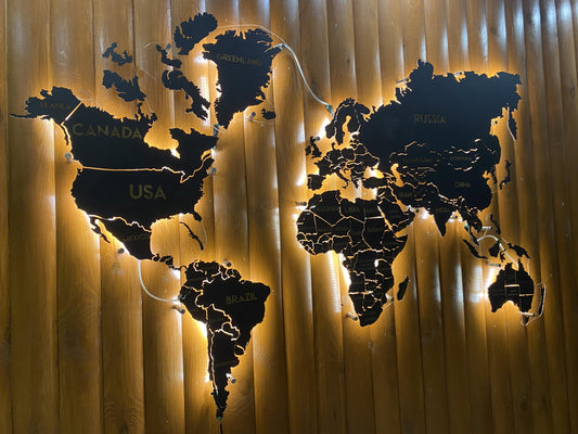 Одношарова карта світу на акрилі з підсвіткою між країнами колір Black