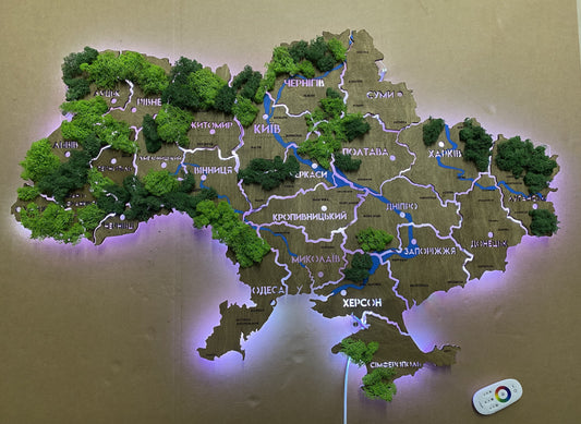 Карта України з фарбованими річками, мохом та підсвіткою RGB між областями колір Venge