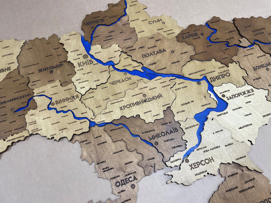Деталізована карта України 3D з фарбованими річками без підсвітки палітра Oak